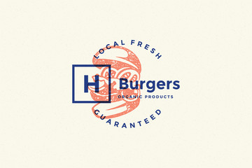 Hand drawn logo burger silhouette and modern vintage typography retro style vector illustration.
