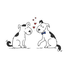 Dogs couple in love. Two cute loving dogs with red hearts. Idea for Valentine's day greeting card. Vector Doodle illustration.