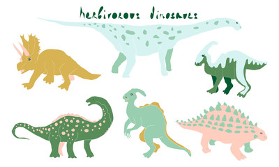 Leuke herbivoor dinosaurus vector collectie. Dino platte handgetekende clipart. Prehistorische dieren. Geïsoleerde cartoon afbeelding voor kinderen spel, boeken, t-shirt.