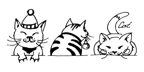 Funny trio of cats drawn by hand. Pretty squinting cat in a hat with a pompom. Striped cat with a Christmas ball in his teeth, turned his back. Preparing to jump the cat. Vector illustration.