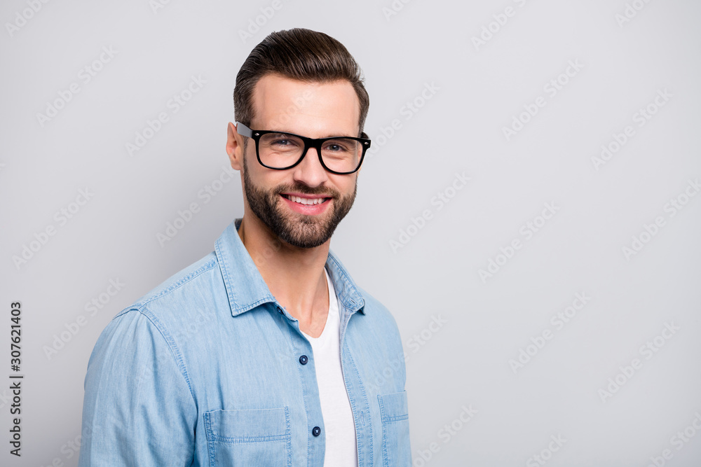 Sticker Closeup photo of amazing macho guy friendly smiling colleagues partners young promoted chief wear specs casual denim outfit isolated grey color background