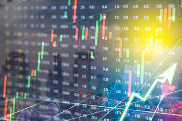 Stock market digital graph chart on LED display concept. A large display of daily stock market price and quotation. Indicator financial forex trade education background.