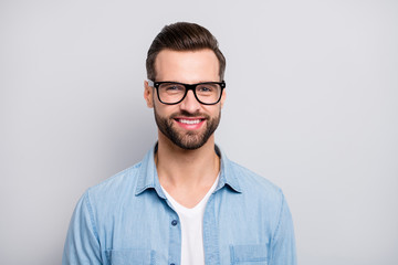 Closeup photo of amazing friendly business guy perfect neat appearance hairstyle young promoted...