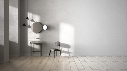 Architect interior designer concept: unfinished project that becomes real, minimalist bathroom, plaster walls, parquet, empty room, sink, mirror, chair. Interior design concept idea