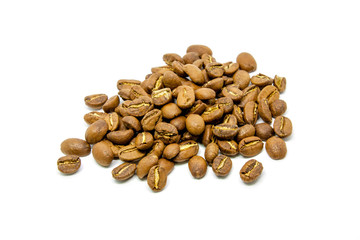 Fragrant coffee grains on a white background.