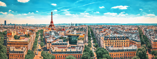 Beautiful panoramic view of Paris from the roof of the Triumphal Arch. View of the Eiffel Tower.