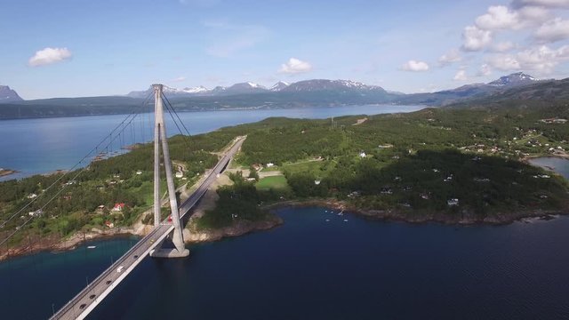H&aring;logaland Bridge Aerial Hyper Lapse. Travel, Nature, Construction Concept. Location: Rombaken Fjord, Nordland County, Norway. July Of 2019.