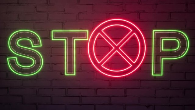Neon Stop Sign Violence. Neon blinks on a brick wall background. 4k