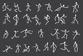 Soccer Players Kicking Ball and goalkeepers. Set Collection of different football poses. Linear Vector illustration