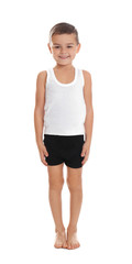 Cute little boy in underwear on white background