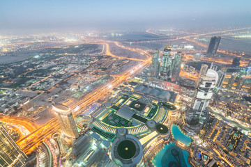 DUBAI, UAE - DECEMBER 4, 2016: Dubai skyline at night, aerial view