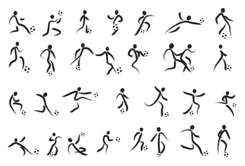 Hand drawing Soccer Players Kicking Ball and goalkeepers. Set Collection of different football poses. Linear Vector illustration