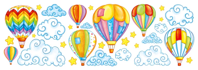 Poster Aquarel luchtballonnen Heteluchtballon tijdens de vlucht