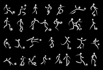 Hand drawing Soccer Players Kicking Ball and goalkeepers. Set Collection of different football poses. Linear Vector illustration