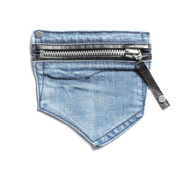 Jeans pocket with zipper isolated on white, top view