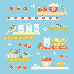 Retro happy vintage kitchen vector ilustration set. Icon set. Colorful vintage kitchen utensil folk art style on blue backgroud. Fabric, wallpaper, packaging, print. Hipster vintage kitchen design.