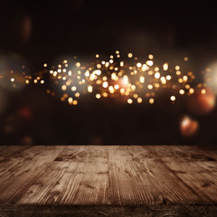 Lights in background and wooden stage - obrazy, fototapety, plakaty