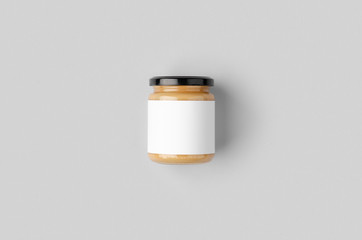 Peanut, almond, nut butter jar mockup with blank label.