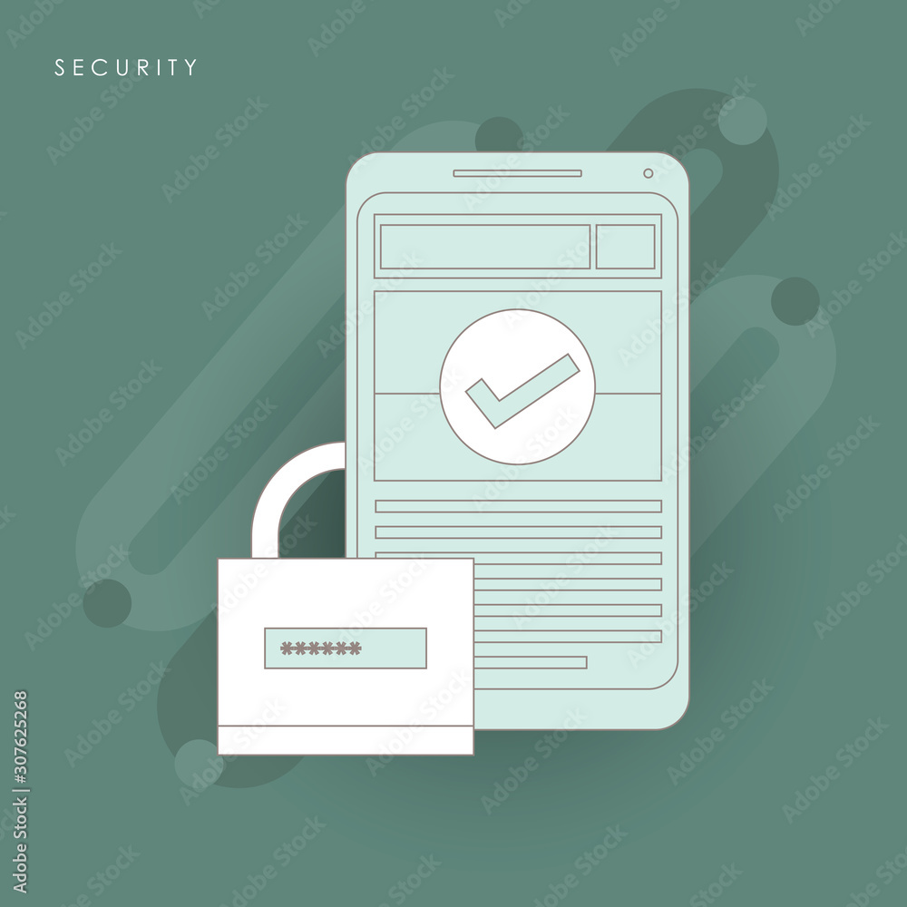 Poster mobile security app on smartphone screen. user touch screen. flat design vector illustration.