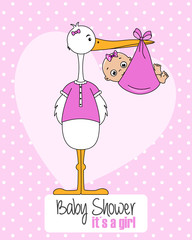 Baby shower card. Stork with baby girl