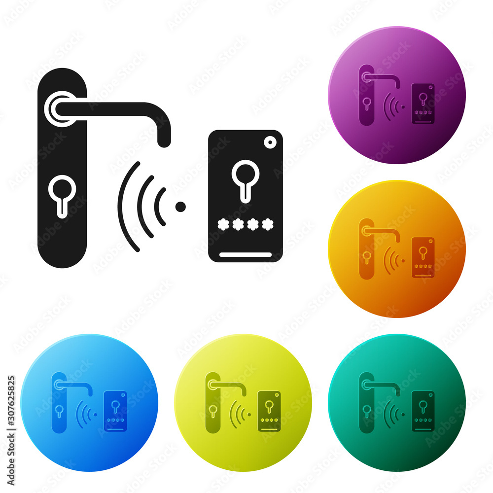 Poster black digital door lock with wireless technology for unlock icon isolated on white background. door 