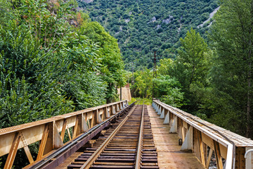 Railway track on bridge over La Tet river, Villefranche-de-Conflent, Pyrenees-Orientales, Occitanie, France