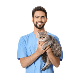 Veterinarian with cute cat on white background