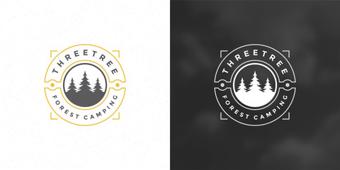 Forest camping logo emblem vector illustration outdoor adventure leisure pine trees silhouettes