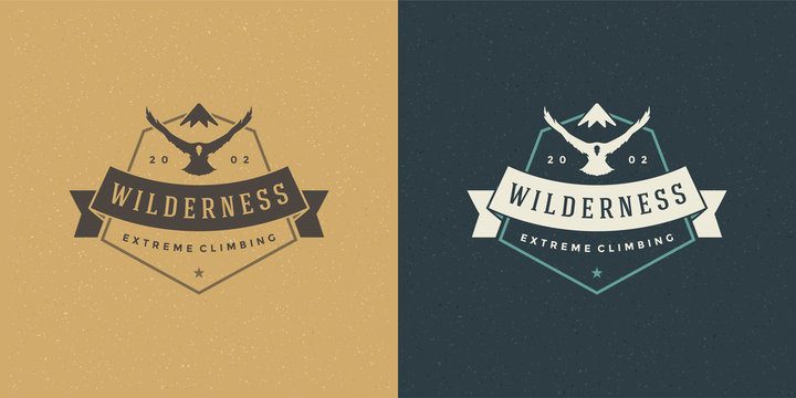 Mountains logo emblem outdoor adventure expedition vector illustration mountain and flying eagle silhouettes
