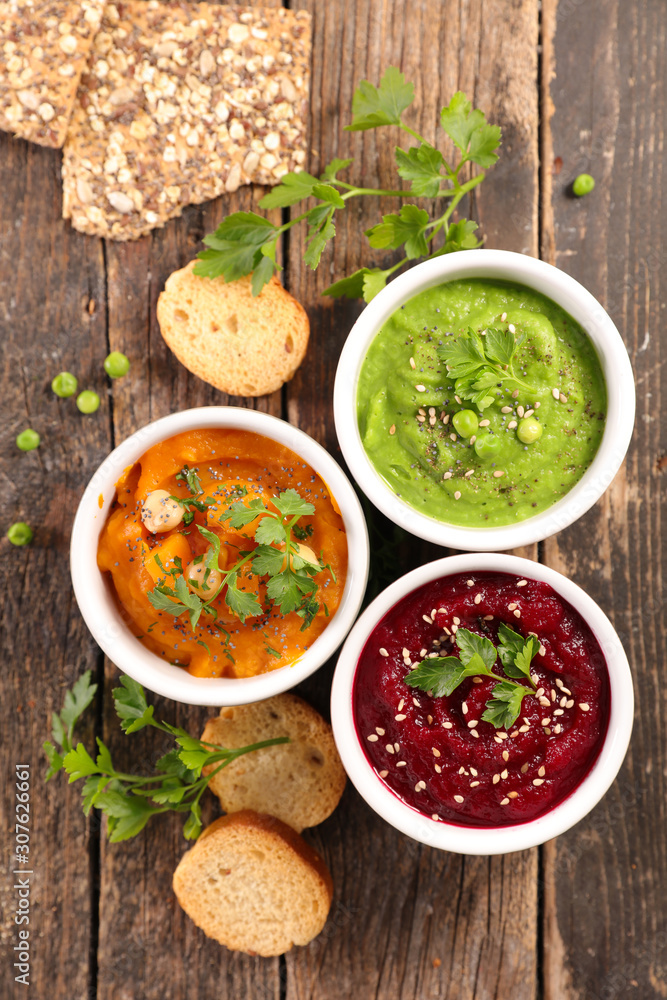 Sticker vegetable dip- sweet potato, beetroot and pea dipping sauce