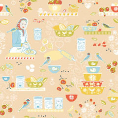 Retro cozy kitchen utensil pattern. Seamless vector background. Colorful vintage kitchen utensil folk art style on blue backgroud. Fabric, wallpaper, packaging, print. Hipster vintage kitchen pattern.