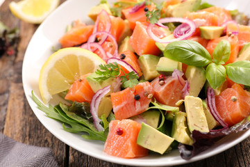 salad with salmon fillet, avocado, onion and lettuce
