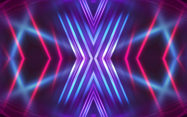 Dark abstract background with neon lines, glow. Bright neon glow.