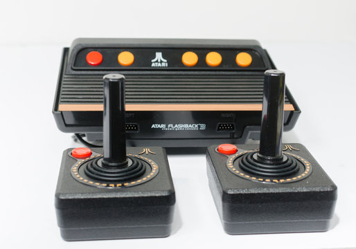 london, england, 05/05/2018 A Retro vintage atari flashback 3 arcade console re issue. A modern plug and play console with a retro 1980s style. classic vintage arcade play.