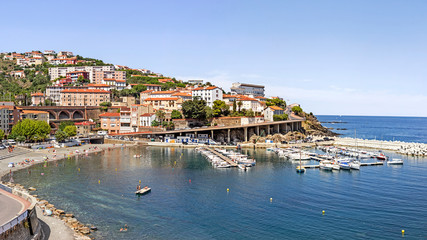 Panoramic view of scenic coastal town Cerbere on the Vermeille coast of Languedoc-Roussillon region in France