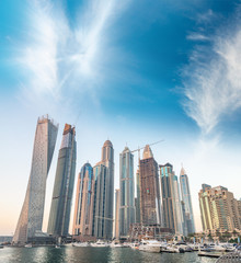 Dubai Marina panoramic skyline and buildings at sunset
