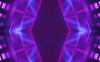 Dark abstract background with neon lines, glow. Bright neon glow