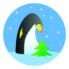 Vector cartoon style illustration of a penguin looking at a small green fir tree, with falling snow winter background. 