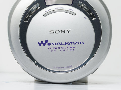 london, england, 05/05/2019 A Sony Walkman G Protection Jog Proof personal portable cd player.  vintage and retro cd walkman with laser beam cd reader. plastic waste recycling. Japanese technology.