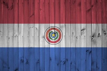 Paraguay flag depicted in bright paint colors on old wooden wall. Textured banner on rough...