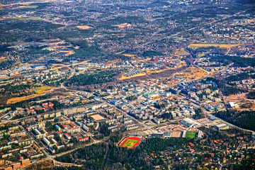 Aerial view of Helsinki from plane window, Finland