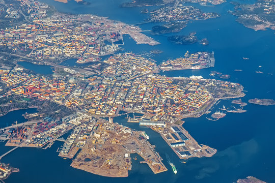 Aerial view of Helsinki from plane window, Finland © golovianko