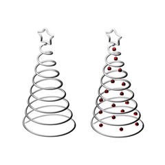 Minimalistic 3D illustration with two chrome Christmas trees on a white background. Stylish modern design of metal springs and dark red Christmas balls.