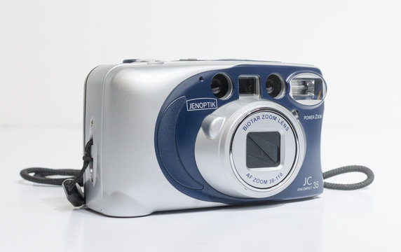 london, england, 05/05/2018 A Retro vintage jenoptik jc 35 35mm film camera isolated on a white background. vintage hipster style camera making a fashionable come back in youth culture.