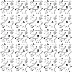 top clothes background seamless pattern. Drawn Doodle Holiday set: Christmas festive knitted clothes, gifts boxes, sweets. Vector Xmas Invitation Card Temp