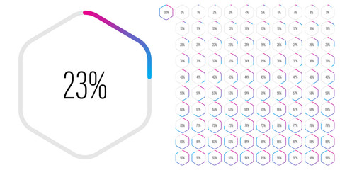 Set of hexagon percentage diagrams meters from 0 to 100 ready-to-use for web design, user interface UI or infographic - indicator with gradient from magenta hot pink to cyan blue