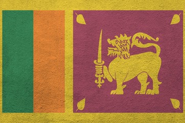 Sri Lanka flag depicted in bright paint colors on old relief plastering wall. Textured banner on...