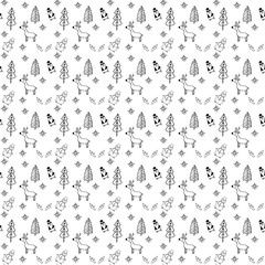 Seamless pattern with reindeer. Perfect for cards, invitations, party, banners, kindergarten, baby shower, preschool and children room decoration. Vector illustration. Herringbones, trees