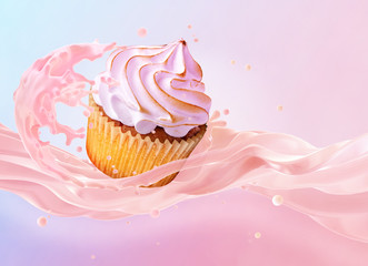 Fresh fruit milk or yogurt 3D splash and sweet fruit vanilla cupcake with whipped cream in motion. Label ad design element with yogurt, cream, milk, cupcake or muffin isolated on colorful background