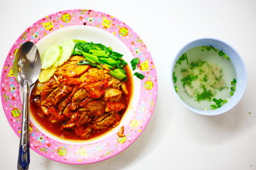 Red pork rice with soup